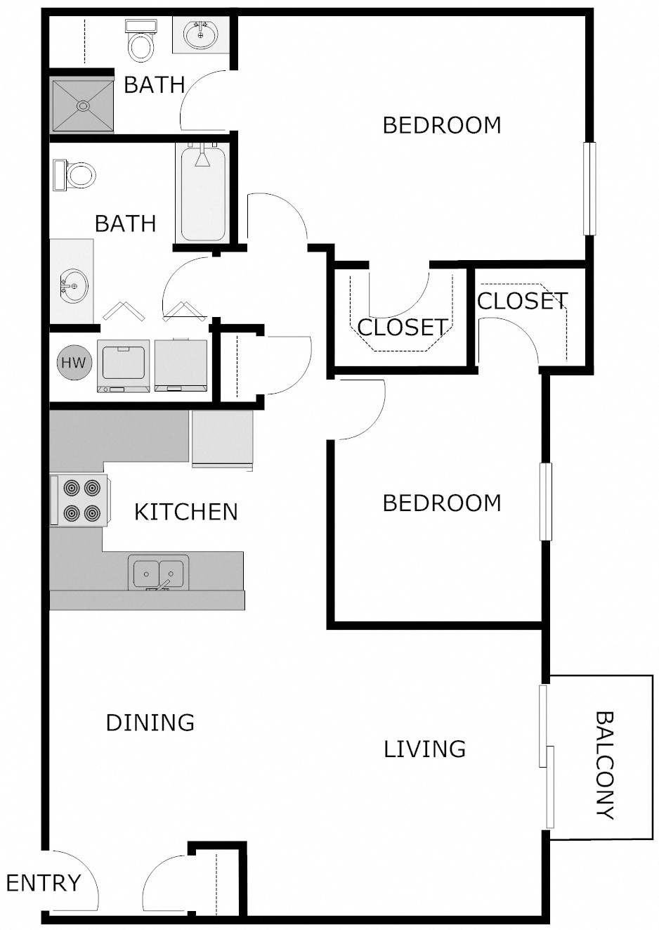 Floor plan for 2 beds, 2 baths, 1150 sqft